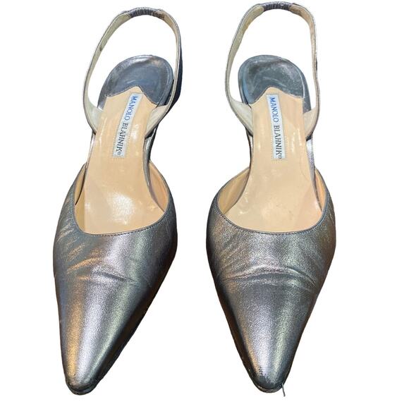 Manolo Blahnik Pewter Leather Carolyne 50 Pointed Toe Slingback Pumps Sz 41.5 - Picture 3 of 12